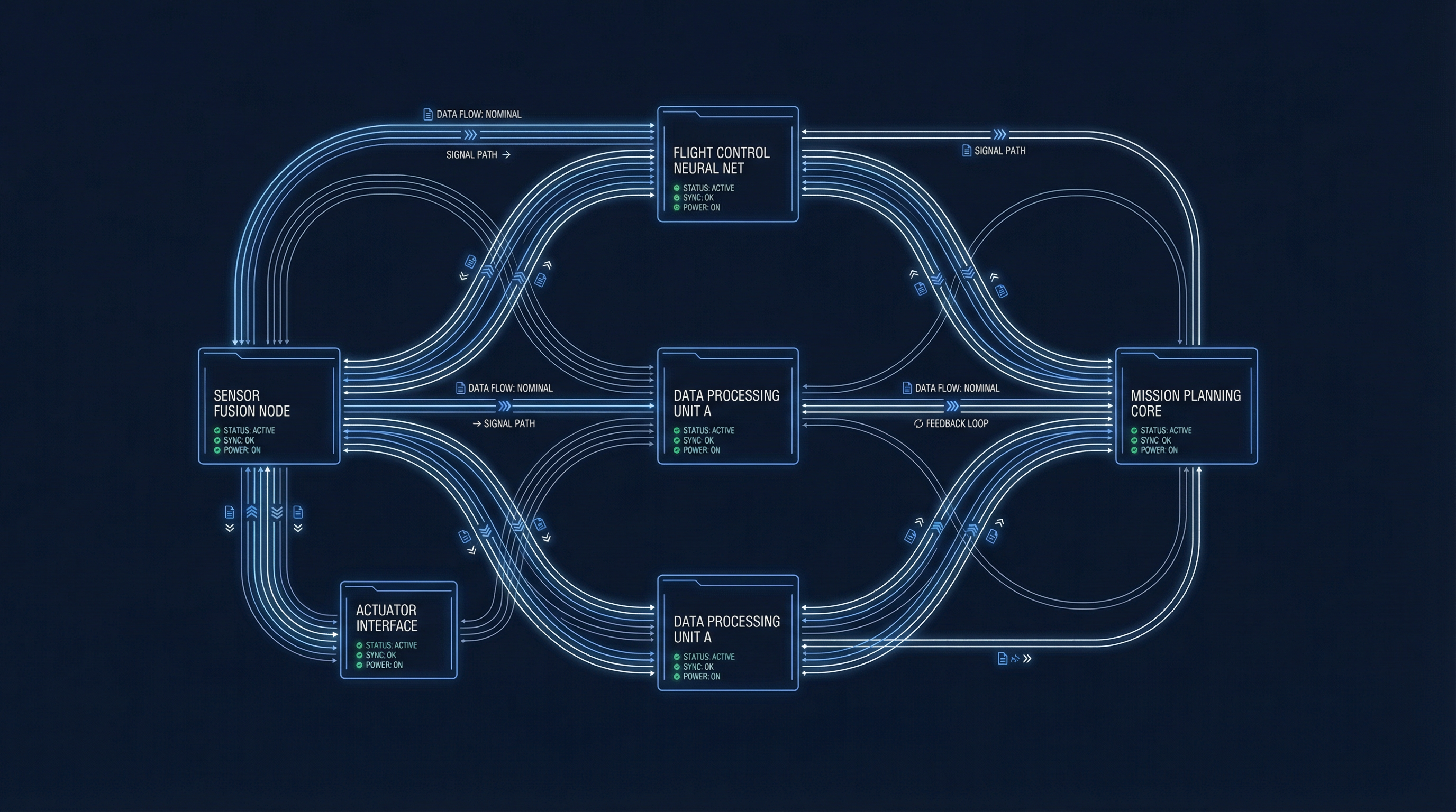 Avionics neural network architecture with signal flow pathways