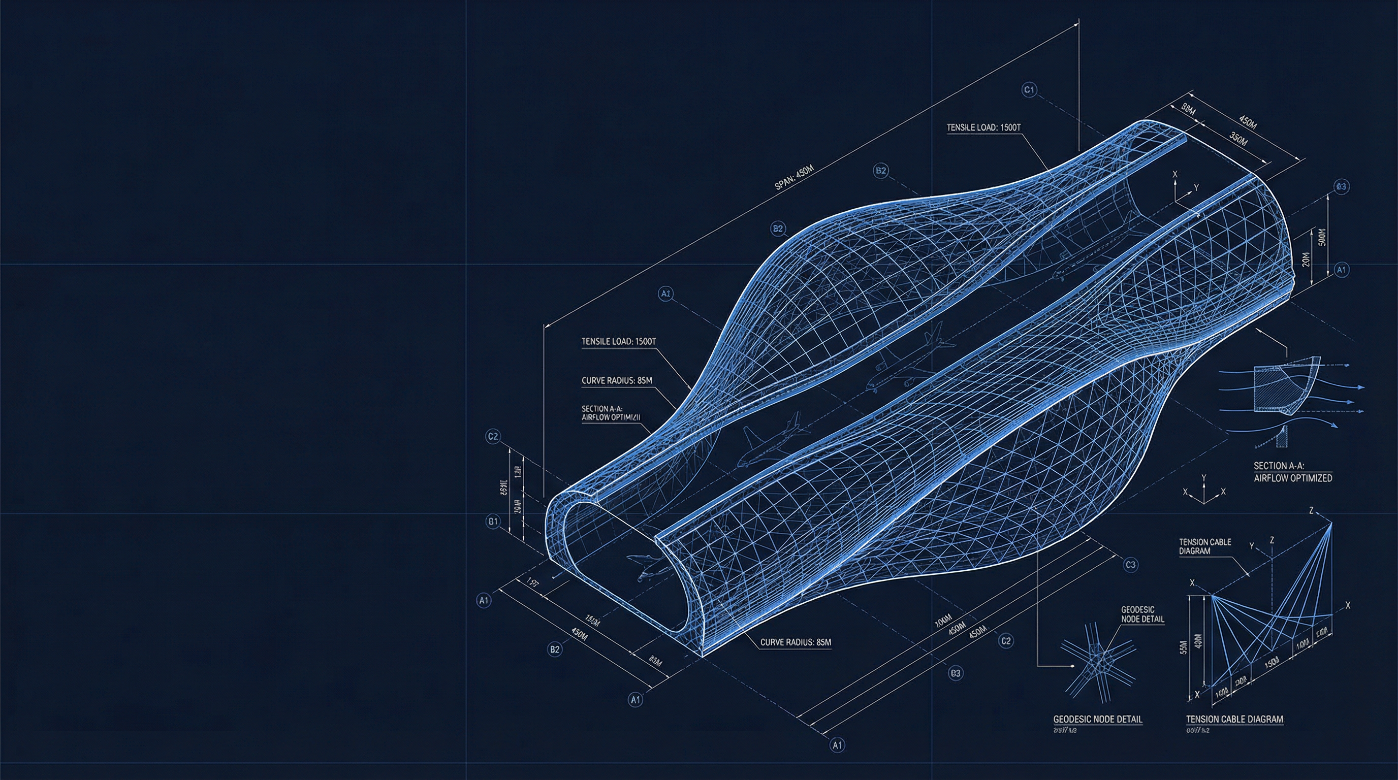 Parametric aerospace architecture with blueprint wireframe structure