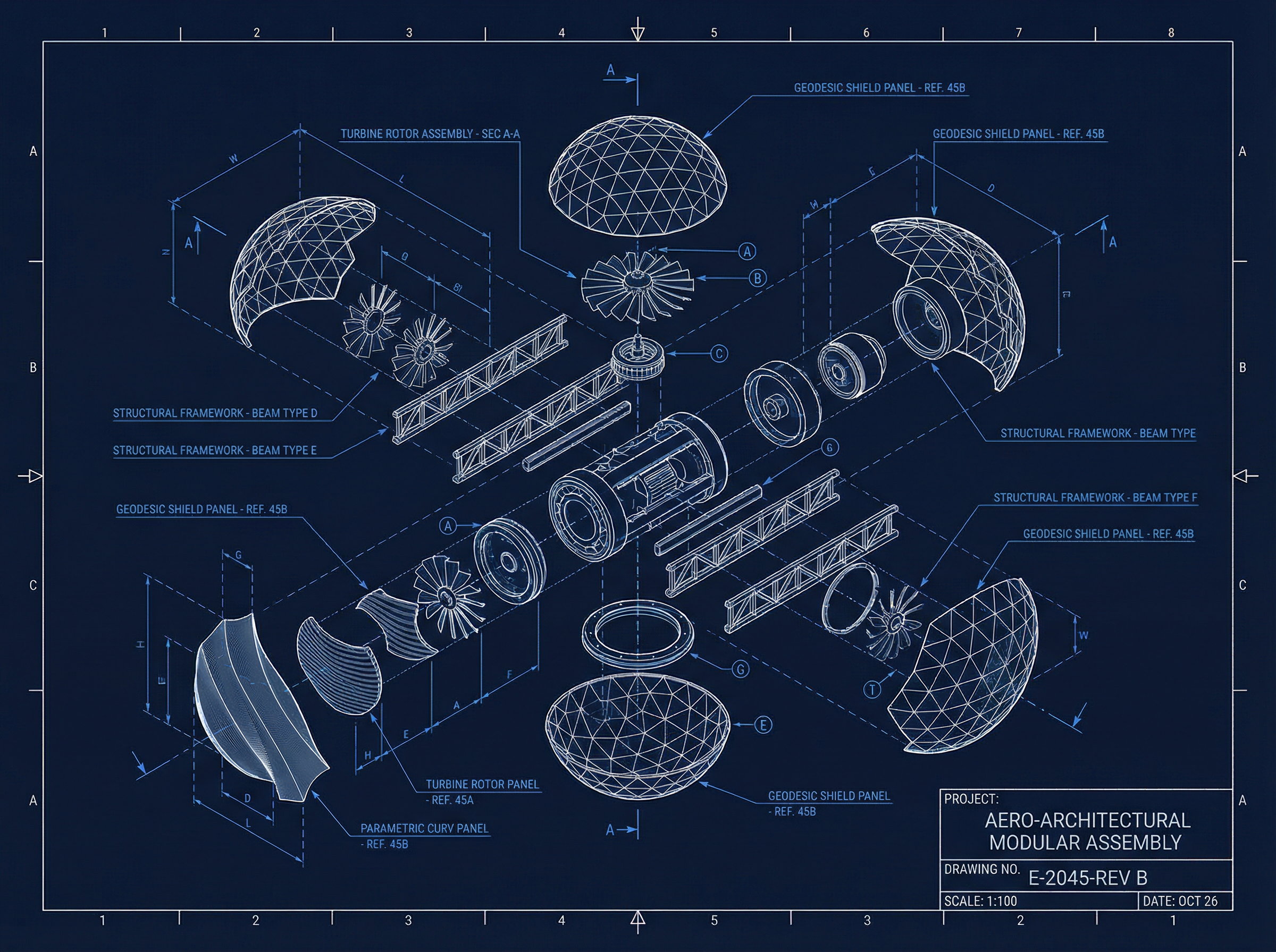 Exploded isometric engineering diagram showing components in assembly