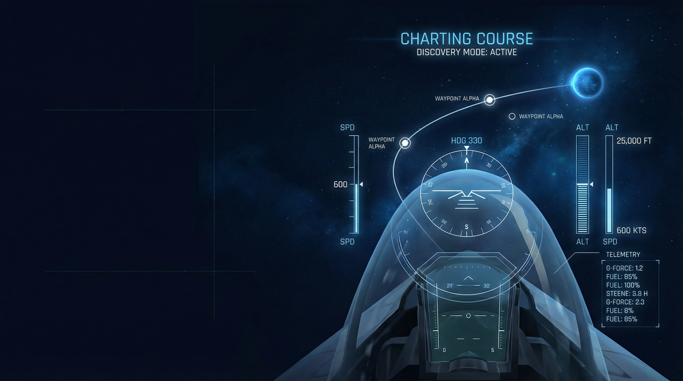 Cockpit heads-up display with flight instruments and navigation waypoints