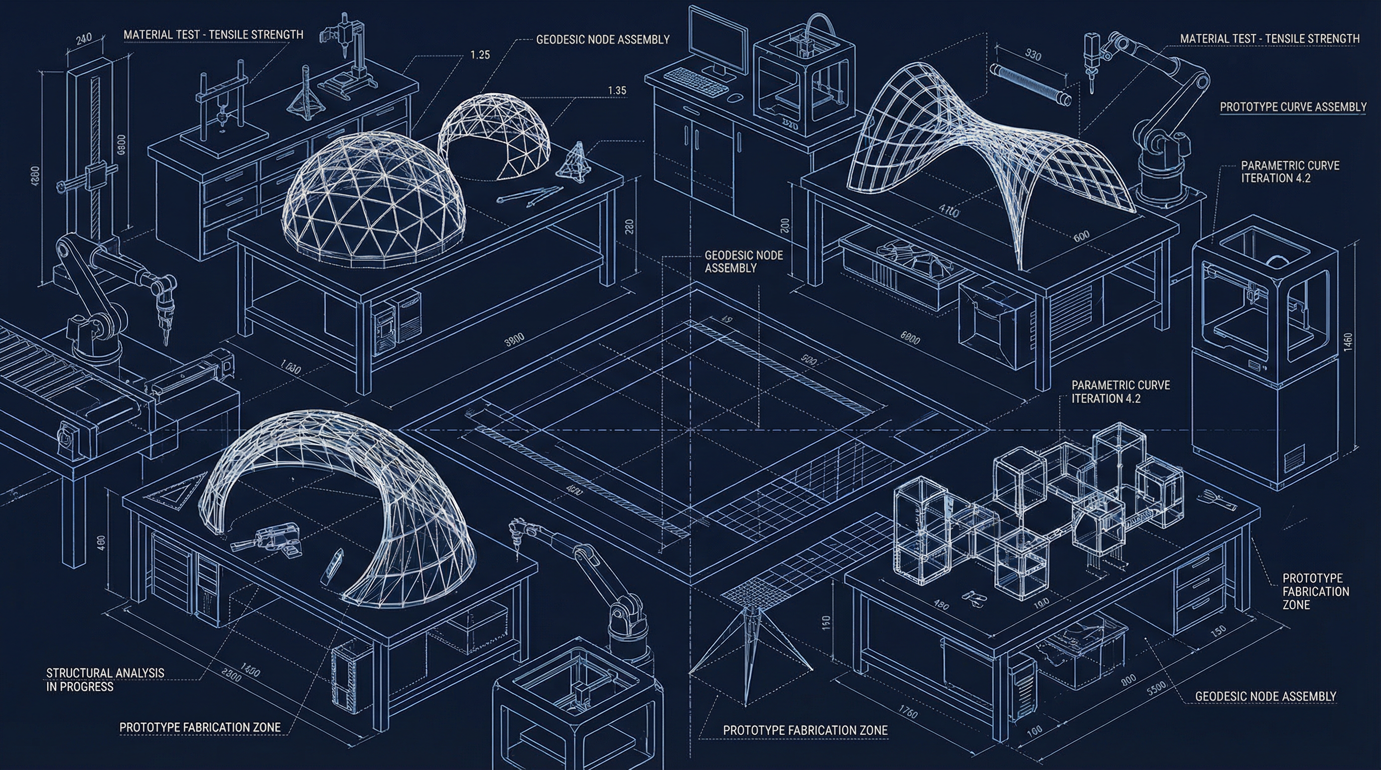 Experimental architectural workshop with wireframe prototype models